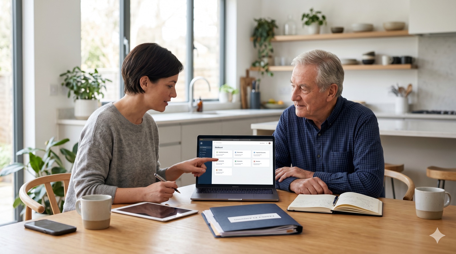 An adult daughter and her aging father review a secure family planning dashboard together on a laptop at a kitchen table.